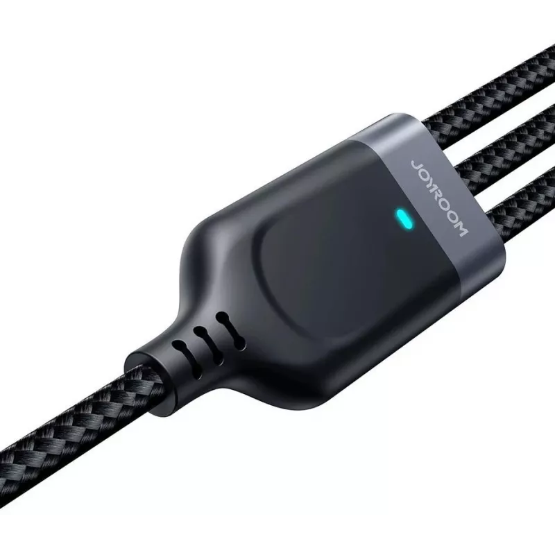 Cabo de carregamento múltiplo 3-em-1 JOYROOM S-1T3018A18 USB-A para USB-C/Micro-USB/Lightning, 30 cm nylon trançado, 3.5A, preto