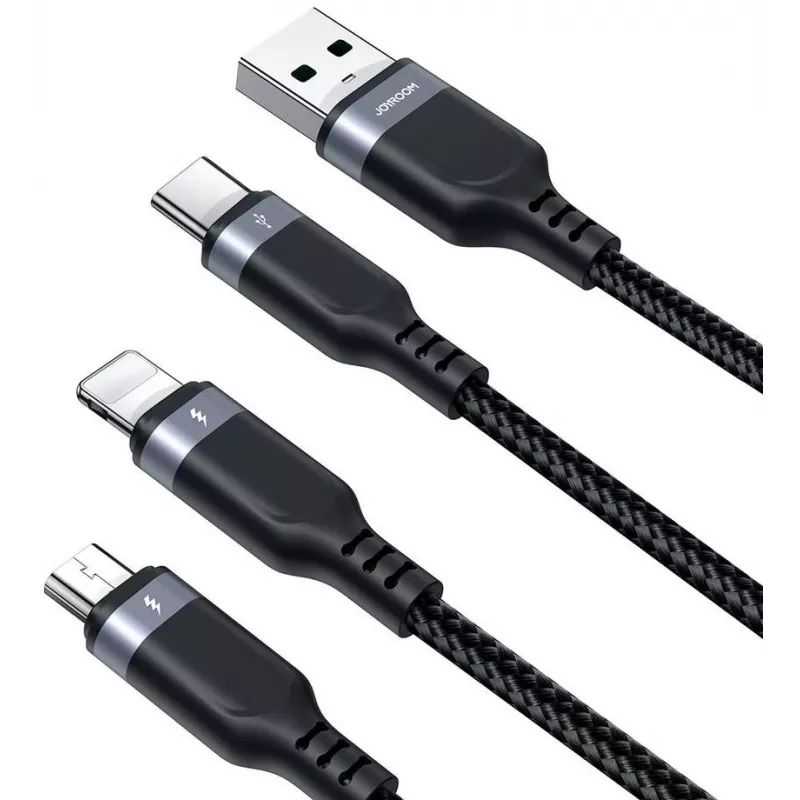 Cabo de carregamento múltiplo 3-em-1 JOYROOM S-1T3018A18 USB-A para USB-C/Micro-USB/Lightning, 30 cm nylon trançado, 3.5A, preto