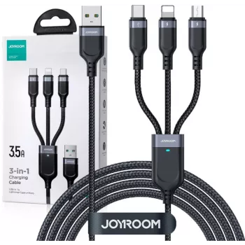 Cabo de carregamento múltiplo 3-em-1 JOYROOM S-1T3018A18 USB-A para USB-C/Micro-USB/Lightning, 30 cm nylon trançado, 3.5A, preto