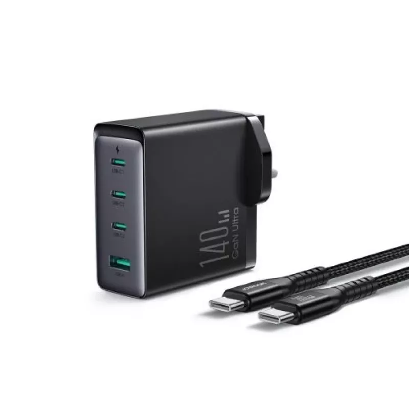 Carregador de viagem Joyroom GaN Fast Charger (UK) C+C+C+U, 140W, com cabo Type-C para Type-C, PD 240W (1,2m) preto