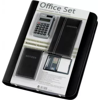 Conjunto de escritório com fichário-portfólio JÜSCHA Alassio A4 preto pele sintética com mecanismo de 4 anéis, 7 compartimentos para cartões de visita, fecho de correr, bloco de notas e calculadora 30060