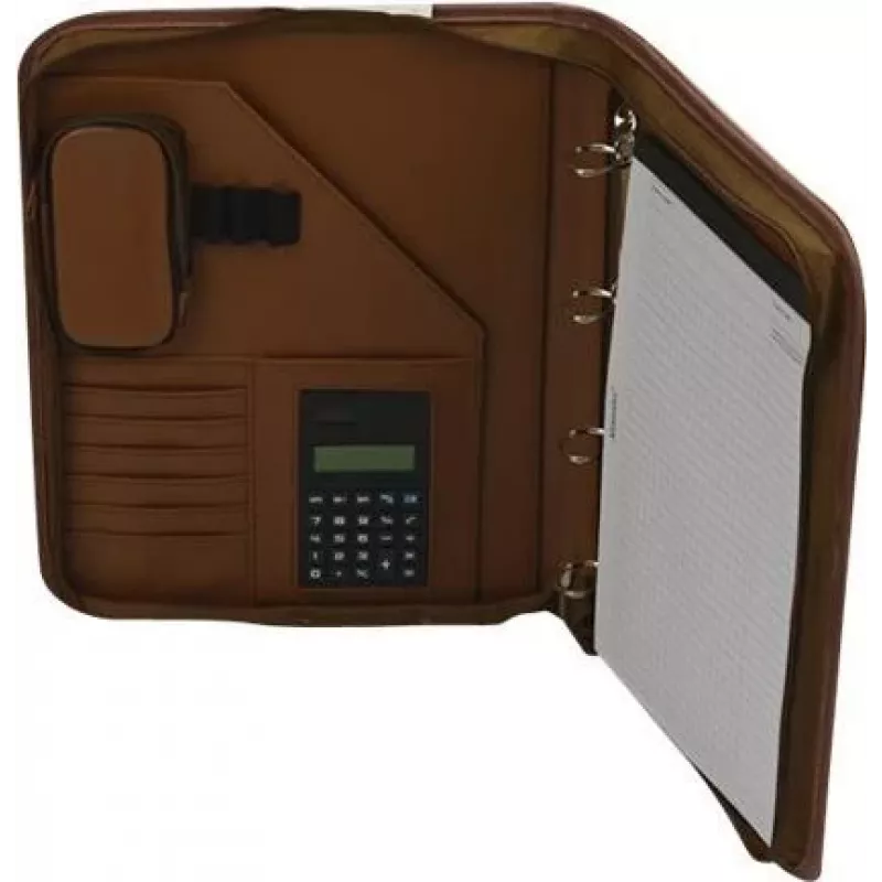 JÜSCHA Alassio VITERBO pasta de documentos com fecho de correr, pele sintética, castanho, A4, 2 presilhas para canetas, 4 compartimentos para cartões, 2 compartimentos para documentos, compartimento para calculadora, compartimento para bloco de notas, resistente a salpicos (30053)