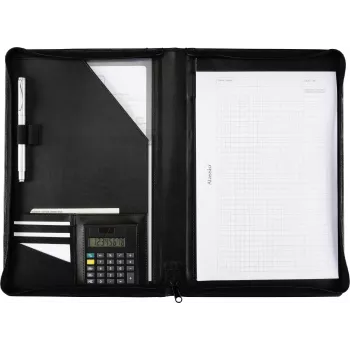 Pasta de documentos com fecho de correr JÜSCHA Alassio A4 pele sintética preta com fichário de 4 anéis e calculadora 30056