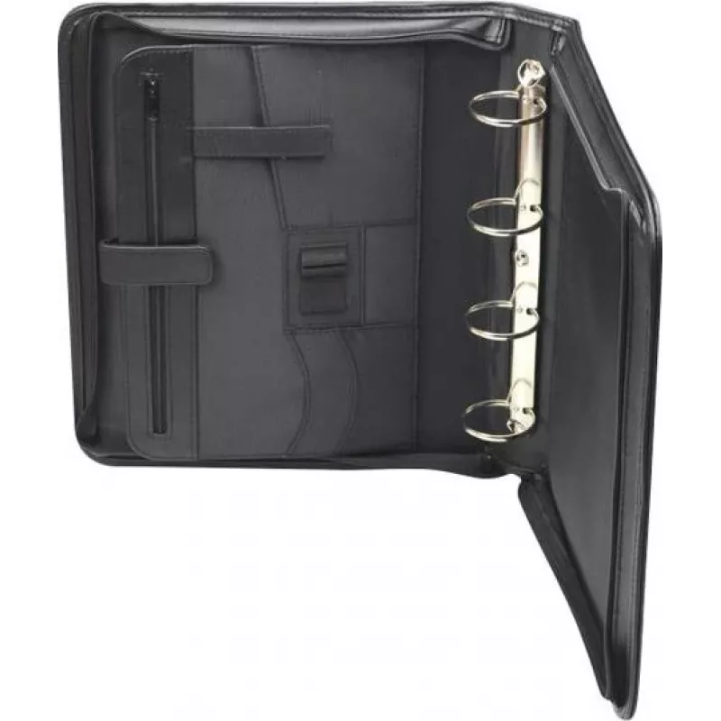 JÜSCHA RIMINI pasta de conferência com fecho de correr A4 pele sintética preta com compartimento para bloco de notas, porta-cartões, presilha para caneta, bolsa para smartphone