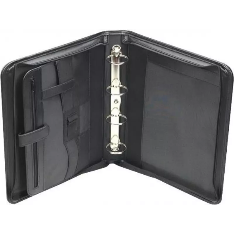 JÜSCHA RIMINI pasta de conferência com fecho de correr A4 pele sintética preta com compartimento para bloco de notas, porta-cartões, presilha para caneta, bolsa para smartphone