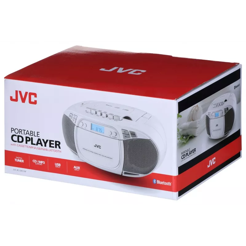 Leitor de CD portátil JVC RC-E451W com rádio FM/AM, entrada AUX, Bass Boost, branco