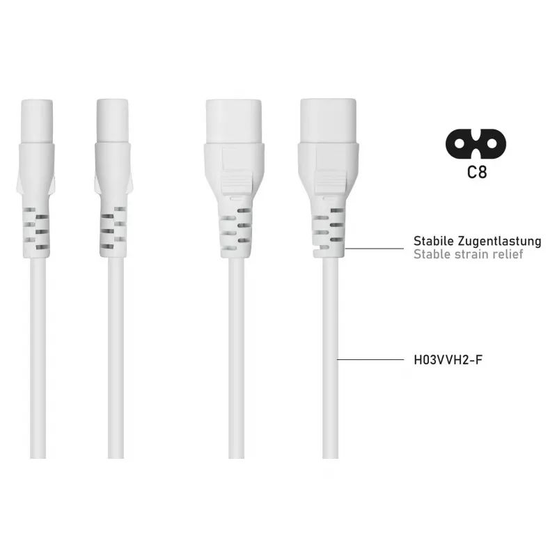 Cabo de extensão Euro Kabelmeister, ficha IEC C8 para tomada C7, branco, 3m
