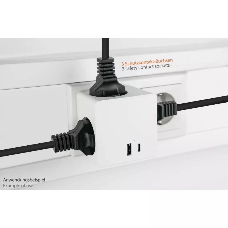 Cubo de tomadas KABELMEISTER com 3 tomadas com contacto de proteção, USB-C 20W PD 3.0 e USB-A 18W, 1,5m, branco