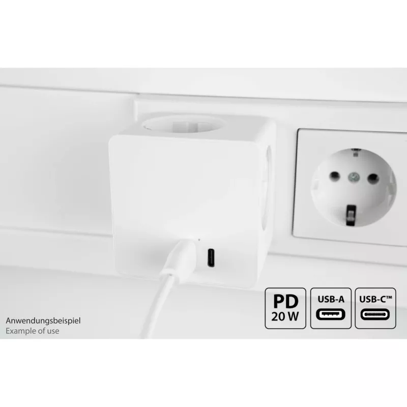Cubo de tomadas KABELMEISTER com 3 tomadas com contacto de proteção, USB-C 20W PD 3.0 e USB-A 18W, 1,5m, branco