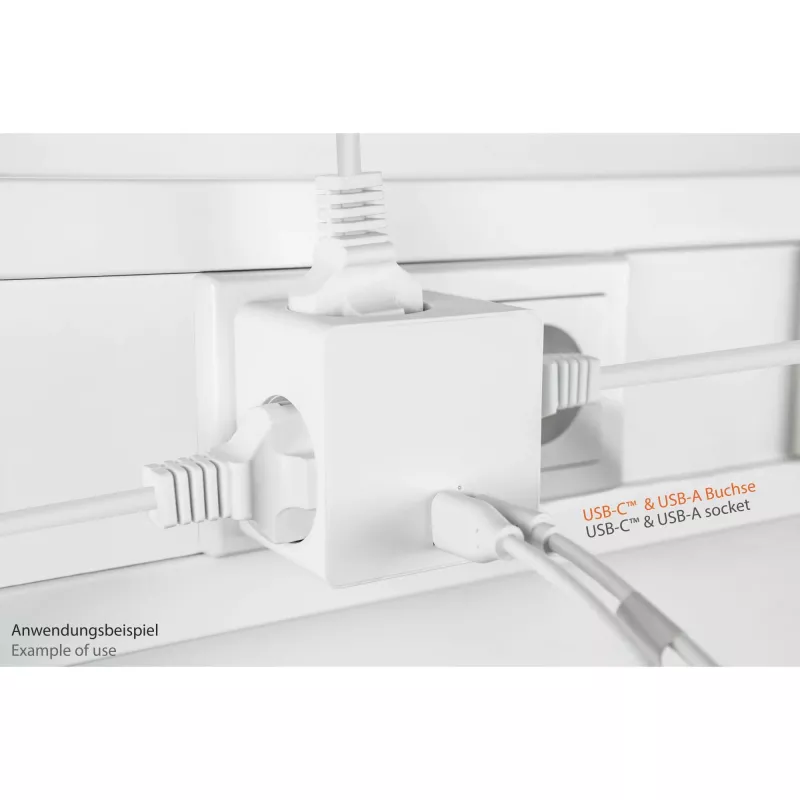 Cubo de tomadas KABELMEISTER com 3 tomadas com contacto de proteção, USB-C 20W PD 3.0 e USB-A 18W, 1,5m, branco
