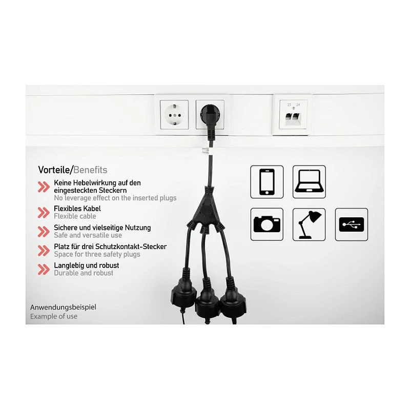 Kabelmeister SK0103-S002 régua de tomadas Schuko tripla, ficha angular 90°, cabo de 0,2 m, preto