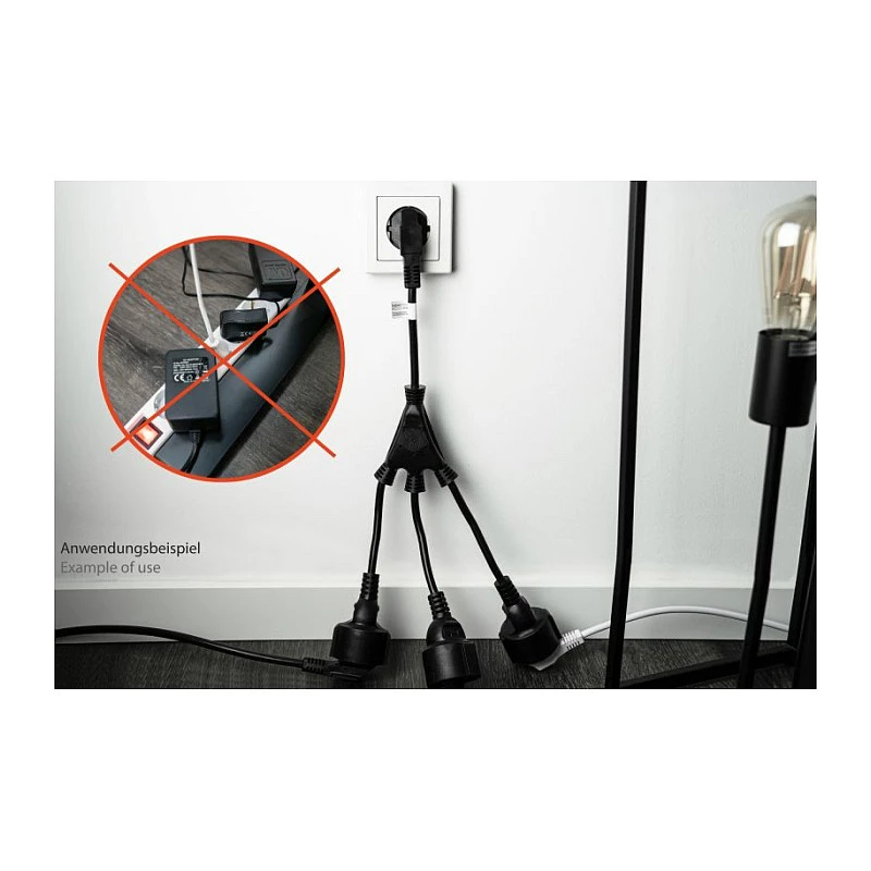 Kabelmeister SK0103-S002 régua de tomadas Schuko tripla, ficha angular 90°, cabo de 0,2 m, preto