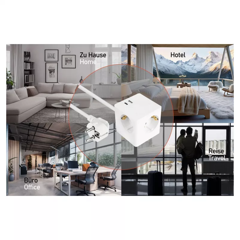 kabelmeister cubo de tomadas 3 tomadas com USB-C e USB-A, branco, 2 m