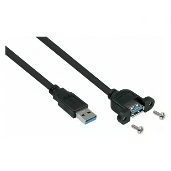 Cabo de extensão USB 3.0 Kabelmeister, montagem em painel, Type-A macho para Type-A fêmea, 0,3 m, preto, certificado UL