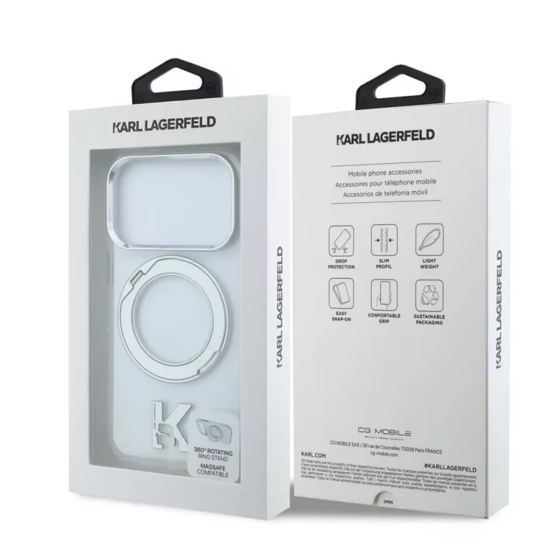 Capa MagSafe Karl Lagerfeld IML Ring Stand 360 Kameo Metal para iPhone 18 Pro / 17 Pro - Transparente