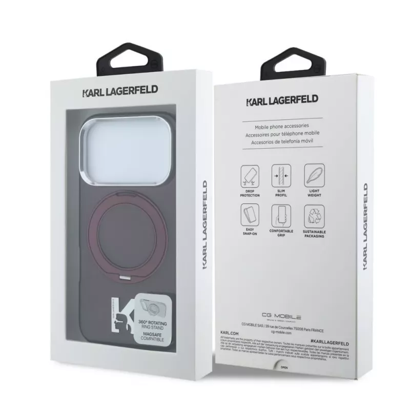 Capa MagSafe Karl Lagerfeld IML Ring Stand 360 Kameo Metal para iPhone 18 Pro Max / 17 Pro Max Borgonha