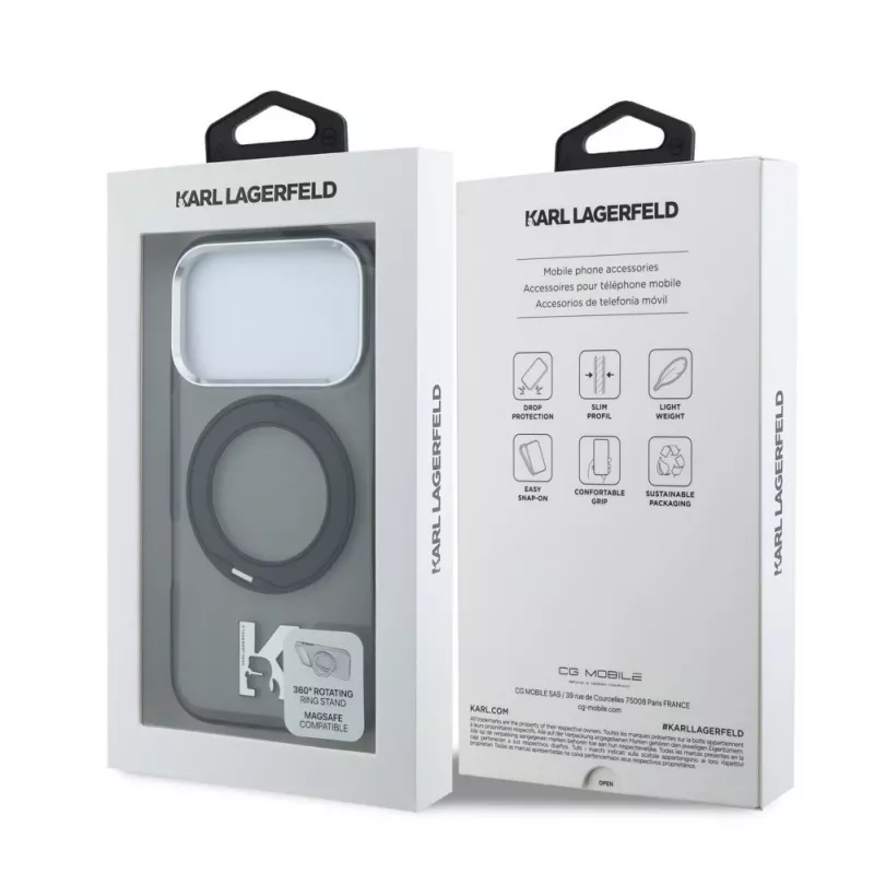 Capa MagSafe Karl Lagerfeld IML Ring Stand 360 Kameo Metal para iPhone 18 Pro / 17 Pro - Preto