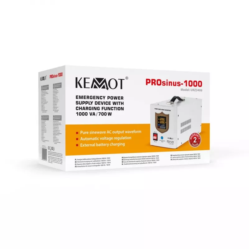 Fonte de alimentação de emergência KEMOT PROsinus-1000 – inversor de onda sinusoidal pura com função de carregamento 12V, 230V, 1000VA/700W