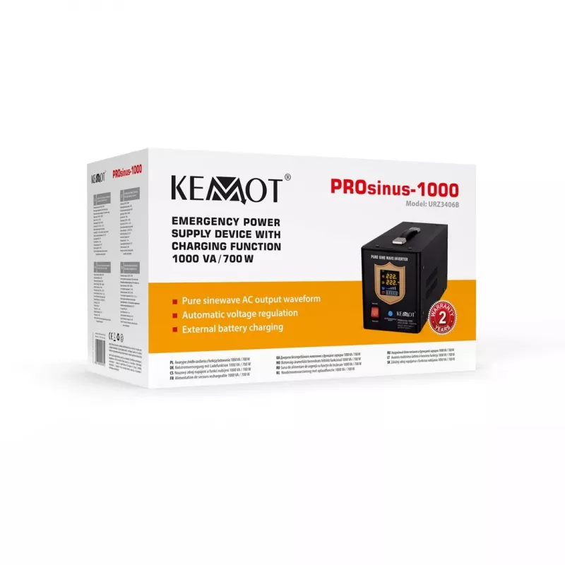 Inversor de onda sinusoidal pura com função de carregamento KEMOT PROsinus-1000, 12V 230V 1000VA/700W, preto