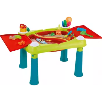 KETER Creative Fun Table turquesa/vermelho – mesa 2 em 1 para brincar e atividades infantis com tampo reversível, banco, acessórios de desenho e construção