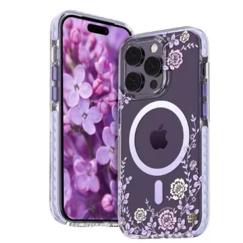 Capa MagSafe Kingxbar para Apple iPhone 14 Pro com Estampa de Peónias Flora Series Lilás