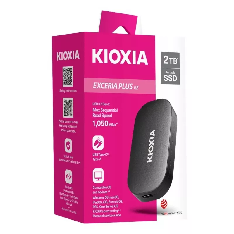 KIOXIA EXCERIA PLUS G2 500GB SSD externo portátil USB 3.2 Gen 2 USB-C encriptação de hardware AES de 256 bits TCG Opal 2.01