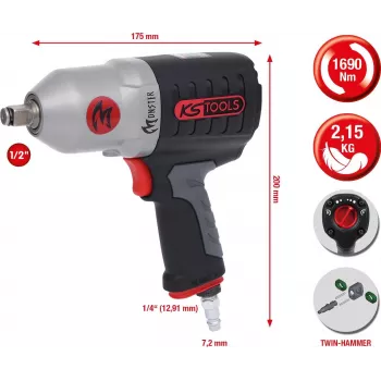 Chave de impacto pneumática de alto desempenho KS TOOLS 1/2 polegadas MONSTER, 1690 Nm (515.1210)