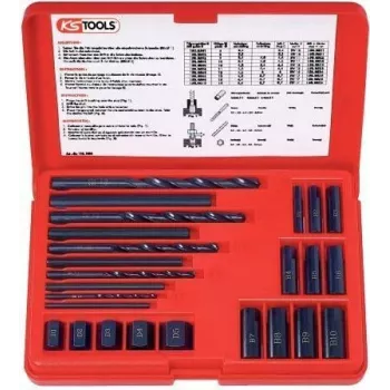 KS TOOLS conjunto de 25 extratores de parafusos, extratores esquerdos HSS, M3-M18, com brocas helicoidais e guias de broca (150.1305)