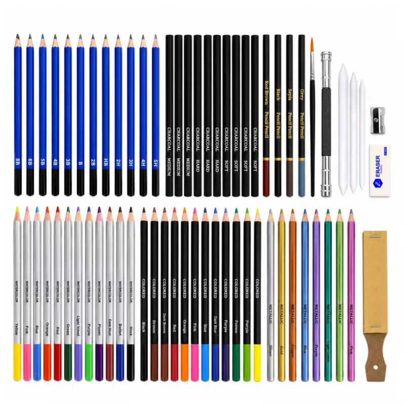 LEAN Conjunto de desenho e esboço, conjunto completo de 74 peças com lápis de grafite, lápis de cor, pastéis a óleo, carvão e estojo com fecho