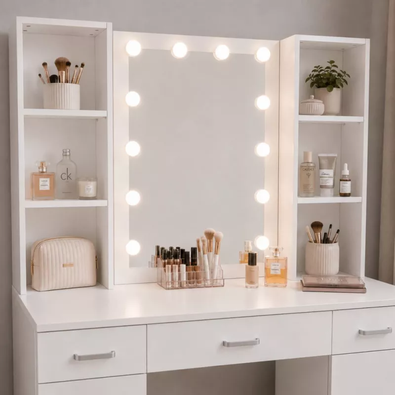 LEAN penteadeira de cosmética com espelho LED, gavetas e armário, branco, 141x114x39 cm