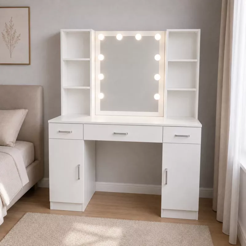 LEAN penteadeira de cosmética com espelho LED, gavetas e armário, branco, 141x114x39 cm