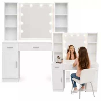 LEAN penteadeira de cosmética com espelho LED, gavetas e armário, branco, 141x114x39 cm