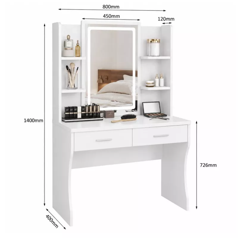 LEAN Penteadeira com Espelho LED, Prateleiras, Gavetas, Branco 140x80x40 cm