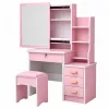 LEAN Penteadeira com espelho, 4 gavetas, prateleiras e banco, rosa 130x80x36 cm