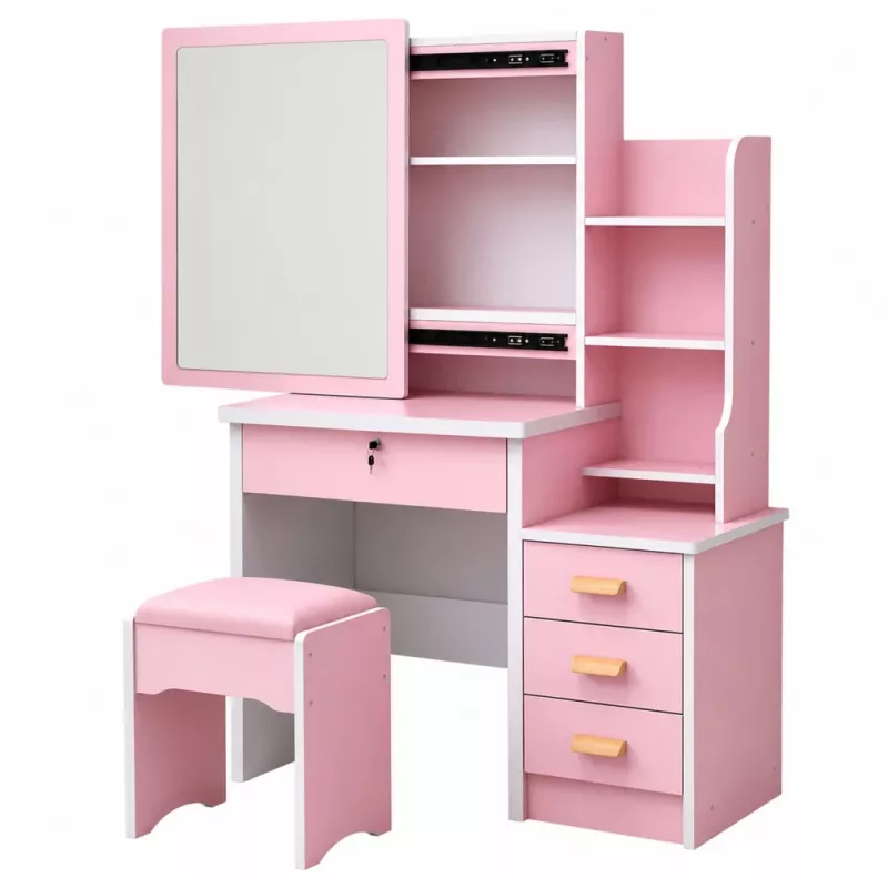 LEAN Penteadeira com espelho, 4 gavetas, prateleiras e banco, rosa 130x80x36 cm