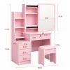 LEAN Penteadeira com espelho, 4 gavetas, prateleiras e banco, rosa 130x80x36 cm