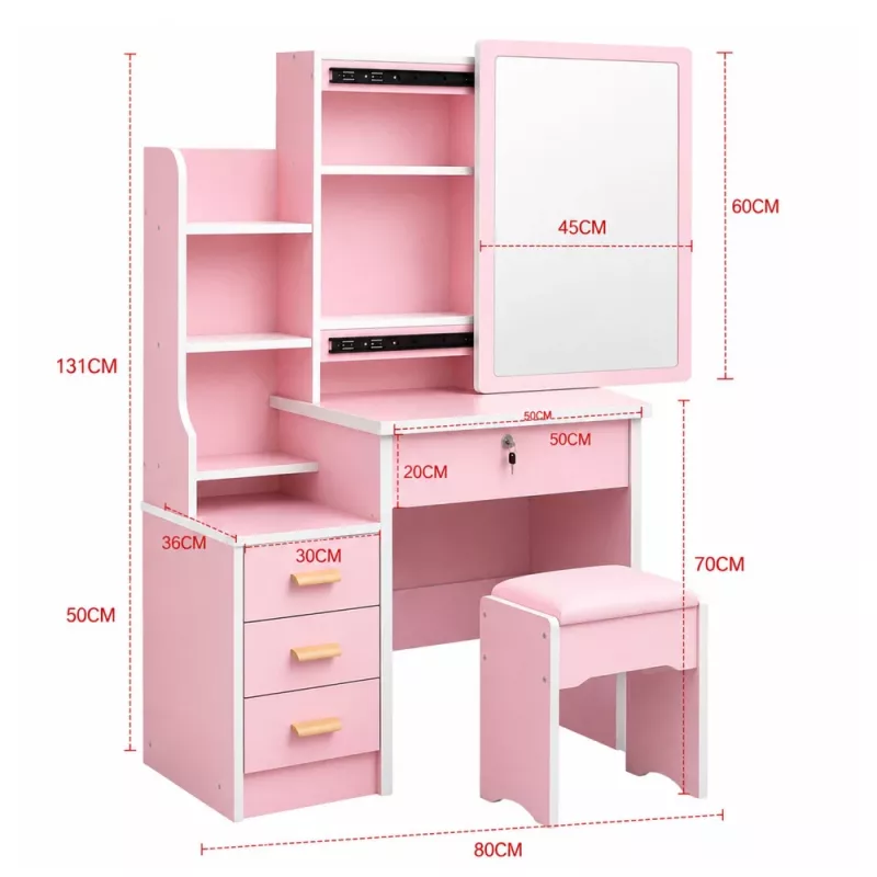LEAN Penteadeira com espelho, 4 gavetas, prateleiras e banco, rosa 130x80x36 cm