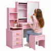LEAN Penteadeira com espelho, 4 gavetas, prateleiras e banco, rosa 130x80x36 cm