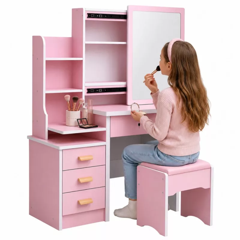 LEAN Penteadeira com espelho, 4 gavetas, prateleiras e banco, rosa 130x80x36 cm