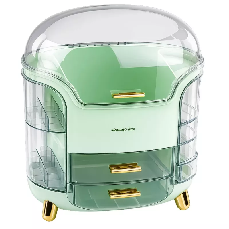 Organizador de cosméticos grande LEAN com 2 níveis, 3 gavetas e tampa transparente, verde
