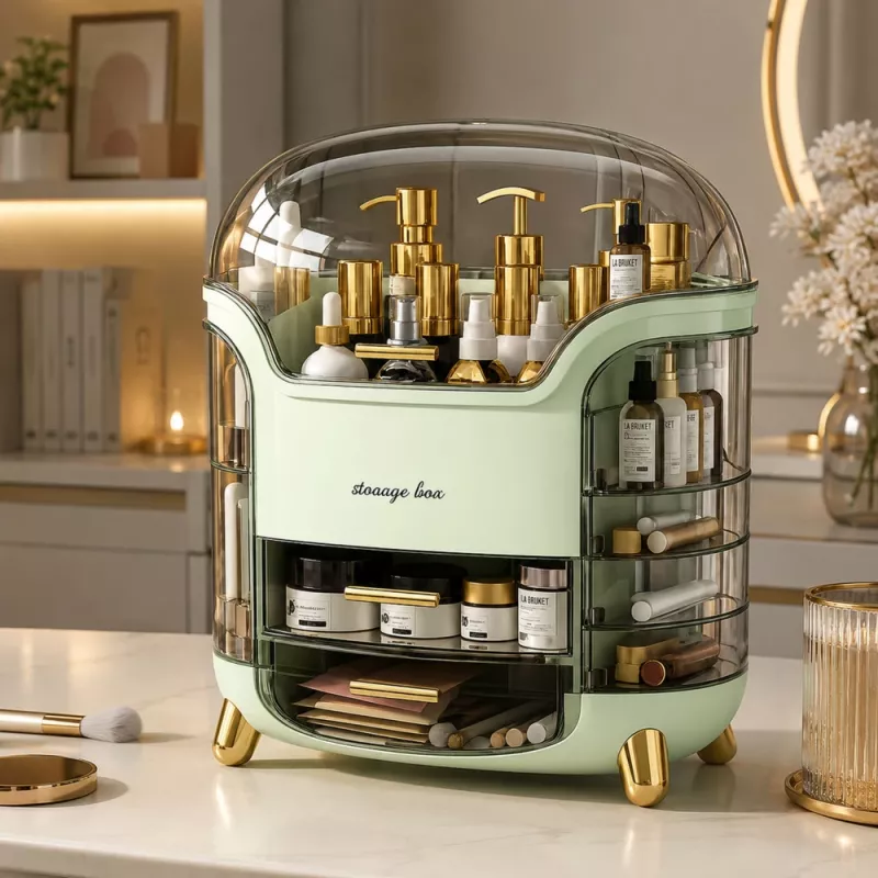 Organizador de cosméticos grande LEAN com 2 níveis, 3 gavetas e tampa transparente, verde
