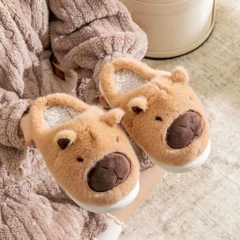 LEAN Pantufas de Peluche Capivara com Orelhas Quentes Macias Bege Tamanho 34-35
