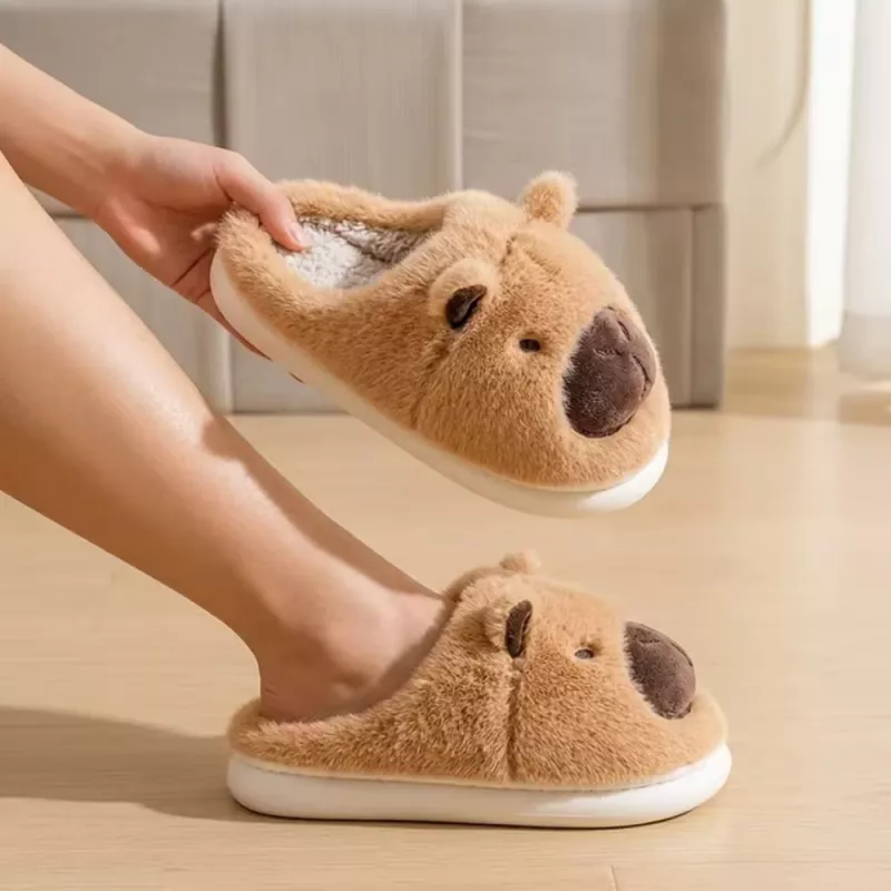 LEAN Pantufas de Peluche Capivara com Orelhas Quentes Macias Bege Tamanho 34-35