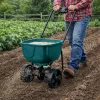 LEAN Semeador rotativo sobre rodas para distribuir adubo, sementes de relva, sal e areia, 27L
