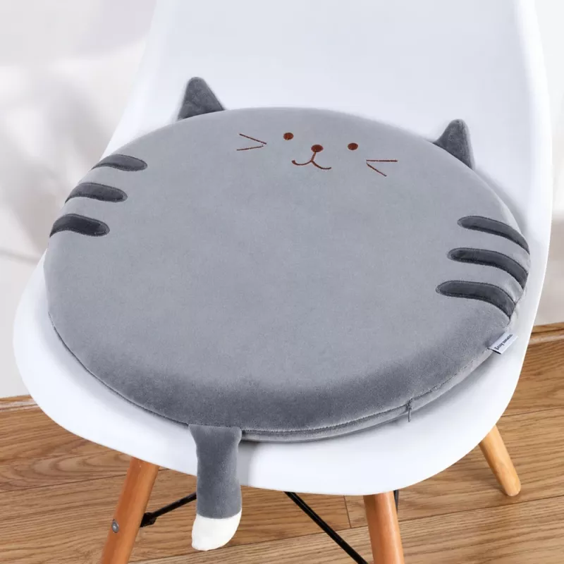 LEAN Almofada Redonda de Peluche para Cadeira Gato Cinzento Assento Macio 40 cm