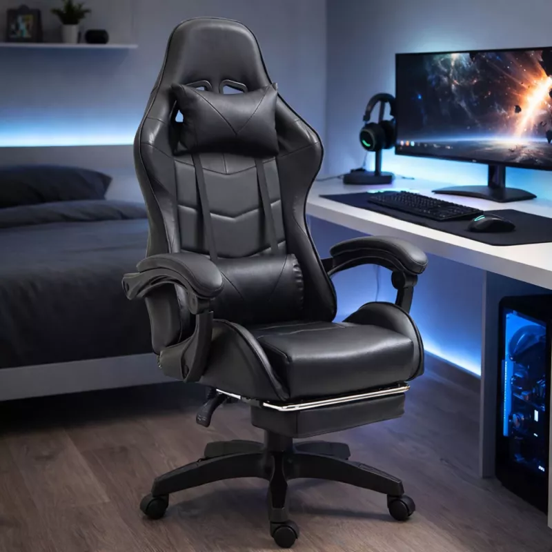 Cadeira de escritório e gaming giratória LEAN com apoio para os pés e almofadas, preta