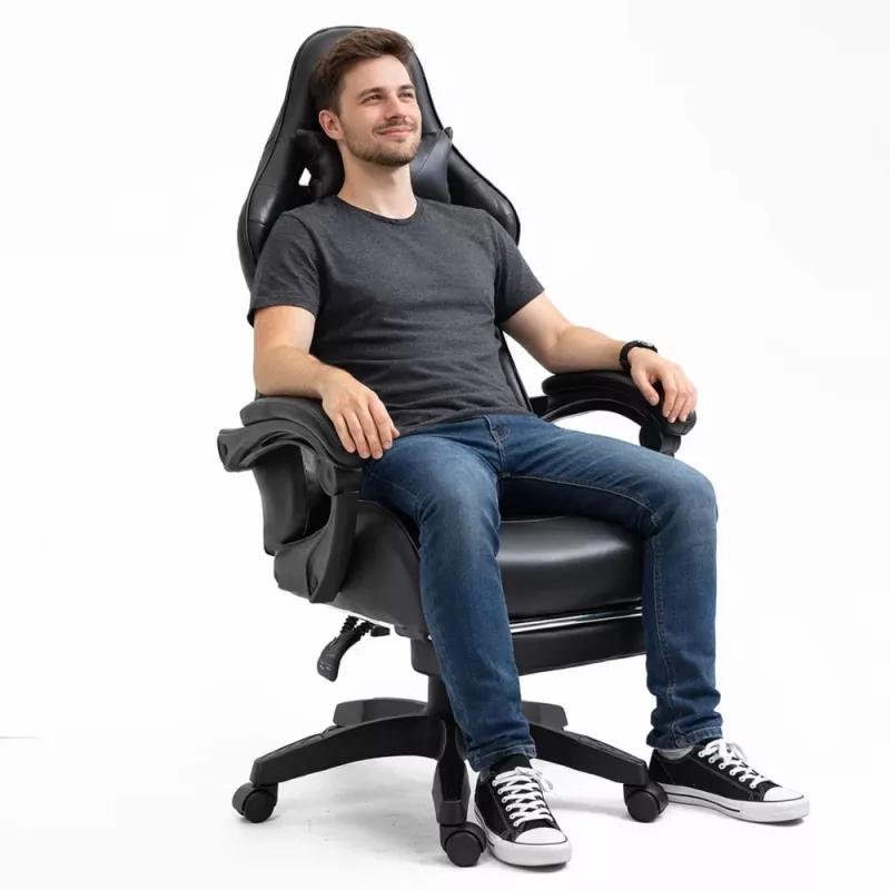 Cadeira de escritório e gaming giratória LEAN com apoio para os pés e almofadas, preta