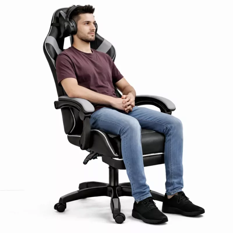 Cadeira de escritório e gaming giratória LEAN com apoio para os pés e almofadas, preta e cinzenta