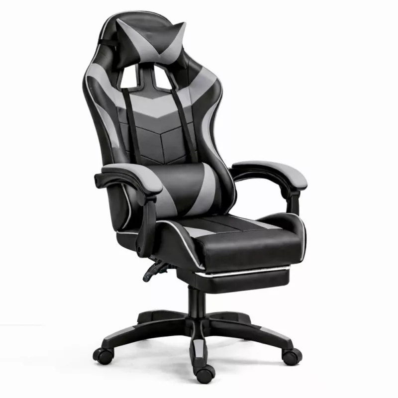 Cadeira de escritório e gaming giratória LEAN com apoio para os pés e almofadas, preta e cinzenta
