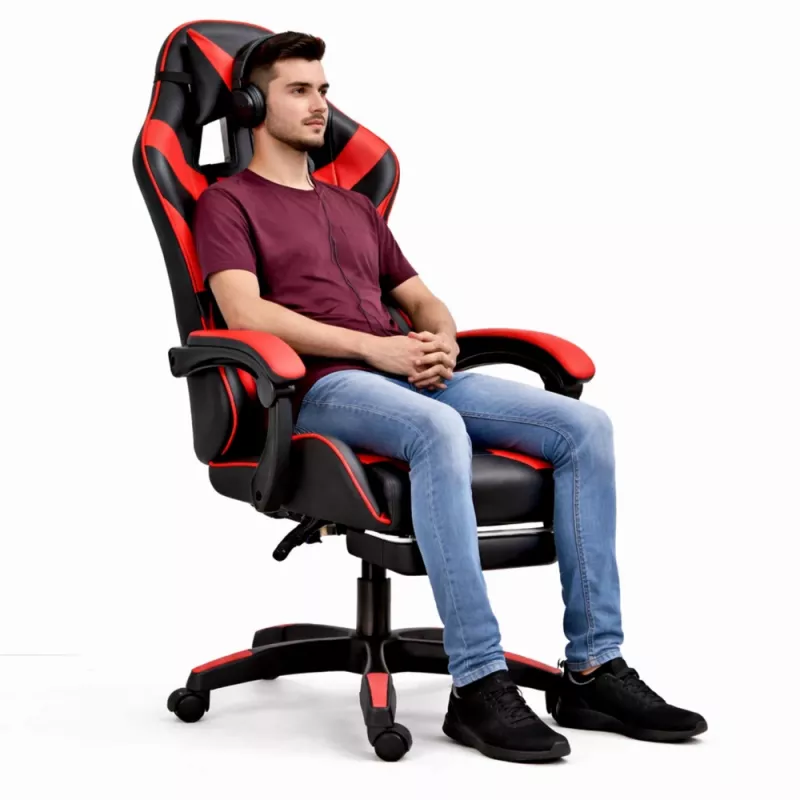 Cadeira de escritório e gaming giratória LEAN com apoio para os pés e almofadas, preta e vermelha